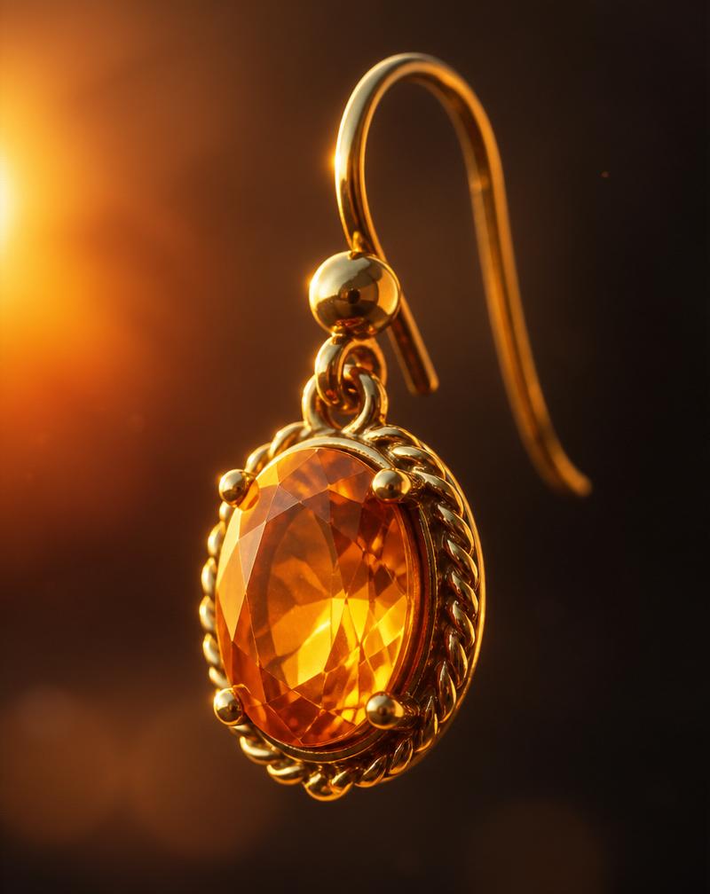 Brinco Vespera em ouro 18k com citrina natural, flutuando em luz dourada de entardecer